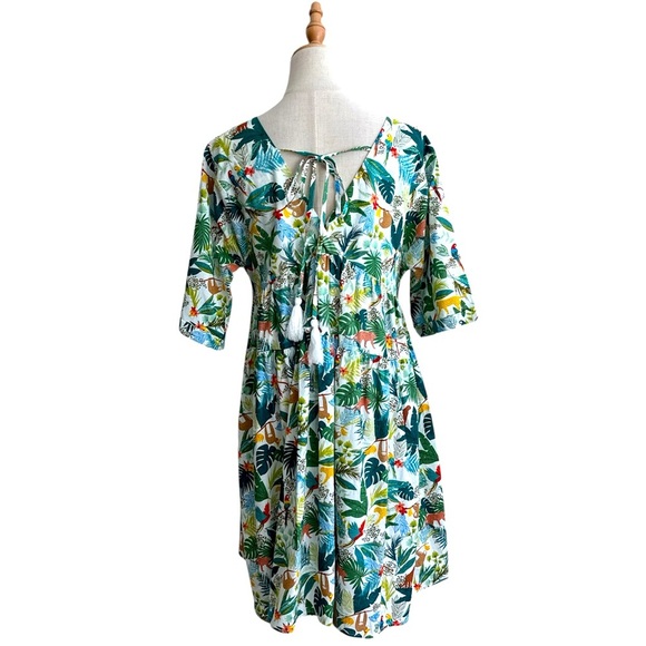Molly Bracken Jungle Tropical Print Multicolor Cotton Mini Dress Size Medium - Picture 5 of 16